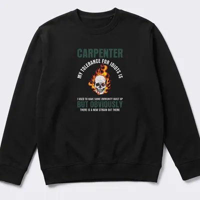 Bold graphic of a flaming skull with text 'CARPENTER BUT OBVIOUSLY' in black and orange — printed on a unisex sweatshirt
