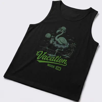 Vintage illustration of a flamingo with text 'Vacation MODE: ON' in green and white — printed on a tank top
