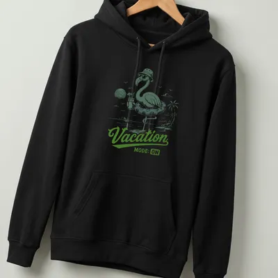Vintage illustration of a flamingo with text 'Vacation MODE: ON' in green and white — printed on a unisex hoodie
