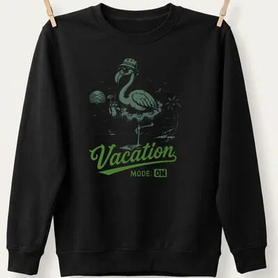 Vintage illustration of a flamingo with text 'Vacation MODE: ON' in green and white — printed on a unisex sweatshirt