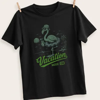 Vintage illustration of a flamingo with text 'Vacation MODE: ON' in green and white