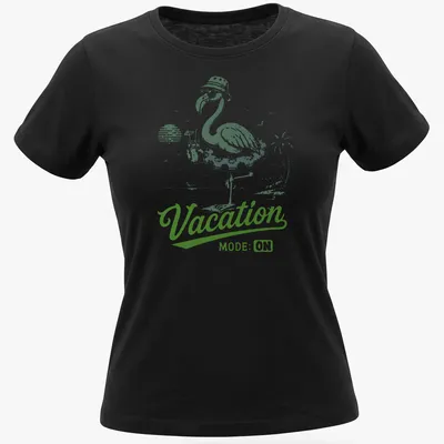Vintage illustration of a flamingo with text 'Vacation MODE: ON' in green and white — printed on a women's shirt
