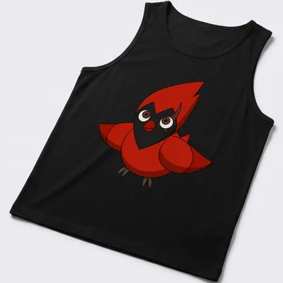Cartoon Flapjack Cardinal graphic in red, black, and brown tones — printed on a tank top