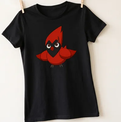 Cartoon Flapjack Cardinal graphic in red, black, and brown tones — printed on a women's shirt