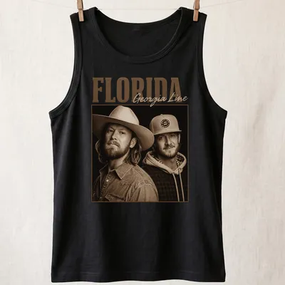 Vintage sepia graphic of Florida Georgia Line band name in brown and cream — printed on a tank top