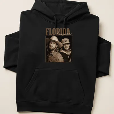 Vintage sepia graphic of Florida Georgia Line band name in brown and cream — printed on a unisex hoodie