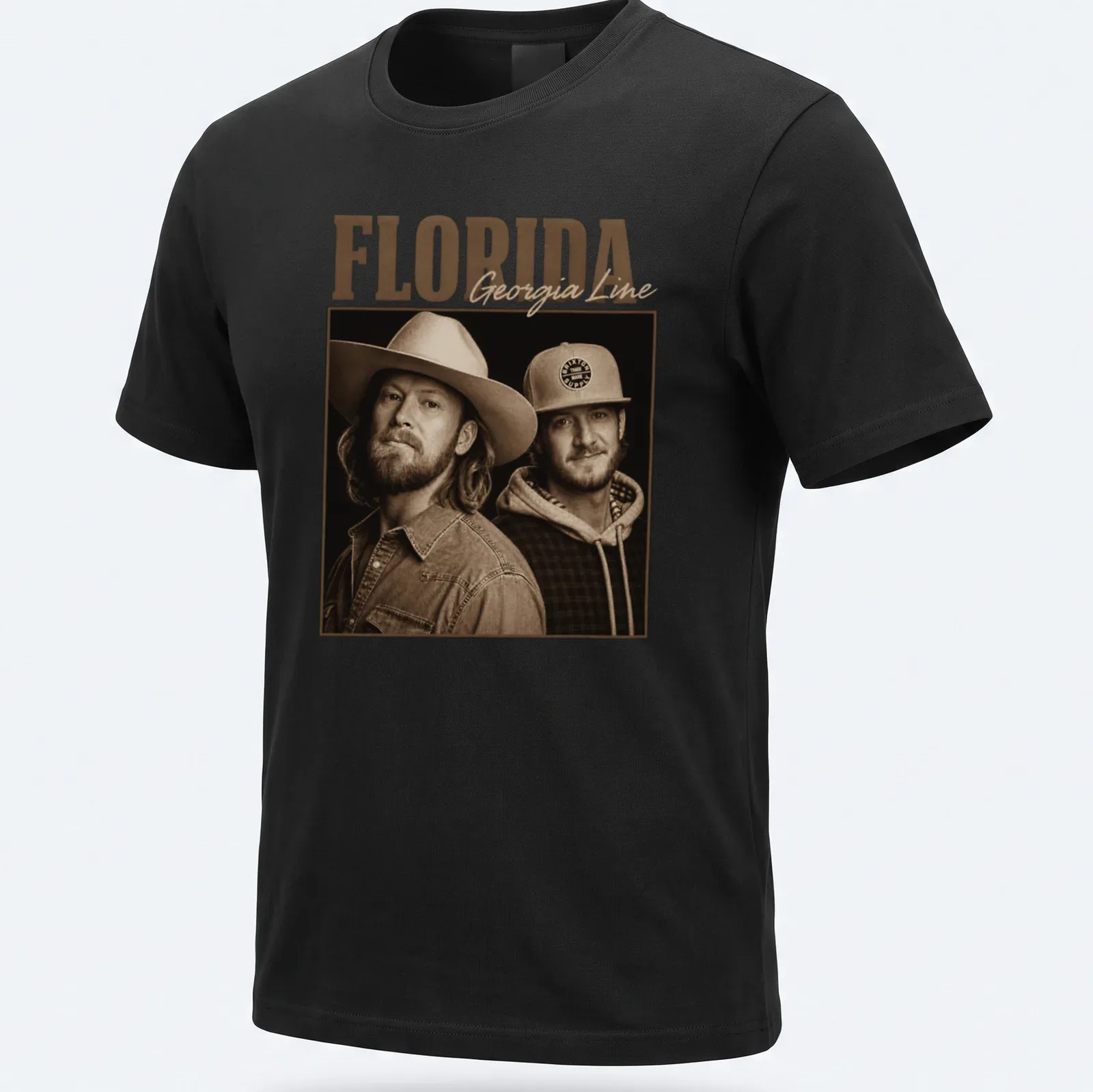 Vintage sepia graphic of Florida Georgia Line band name in brown and cream — printed on a unisex t-shirt