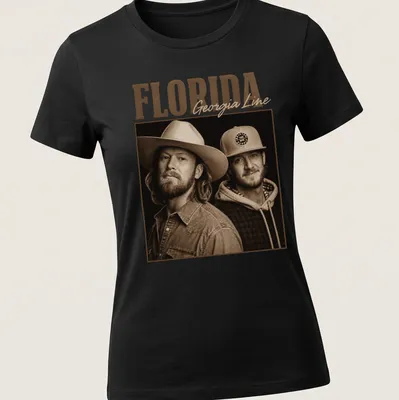 Vintage sepia graphic of Florida Georgia Line band name in brown and cream — printed on a women's shirt