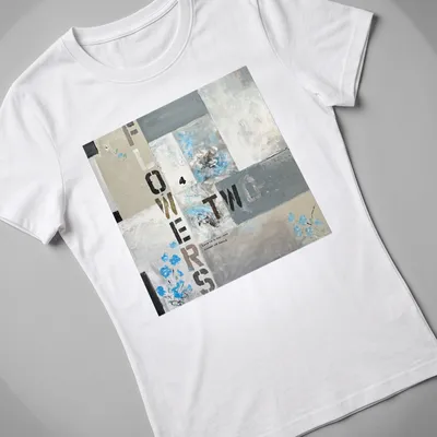 Abstract floral design with text about love on a modern t-shirt. — printed on a women's shirt