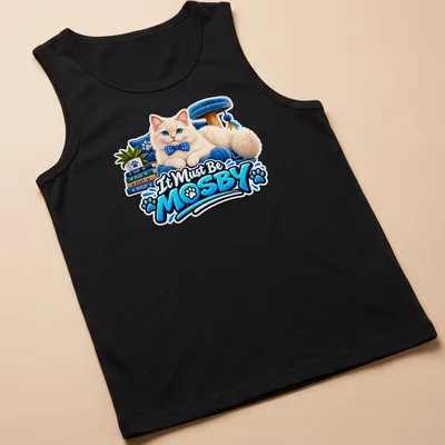 Colorful cartoon of a fluffy white cat with the text It Must Be MOSBY. — printed on a tank top