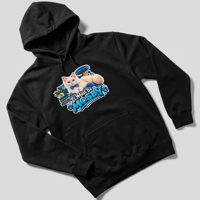 Colorful cartoon of a fluffy white cat with the text It Must Be MOSBY. — printed on a unisex hoodie