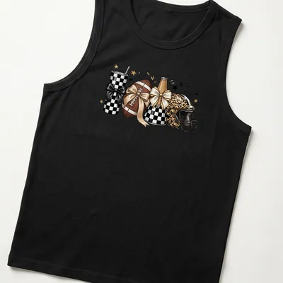 Cute football-themed t-shirt with leopard print helmet, tumbler, and bows — printed on a tank top