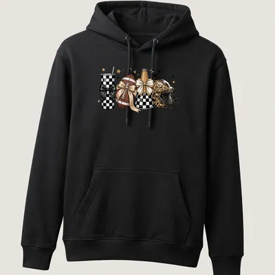 Cute football-themed t-shirt with leopard print helmet, tumbler, and bows — printed on a unisex hoodie