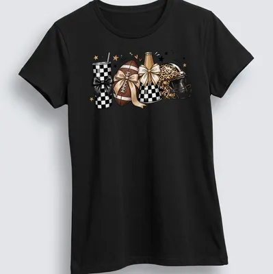 Cute football-themed t-shirt with leopard print helmet, tumbler, and bows — printed on a women's shirt
