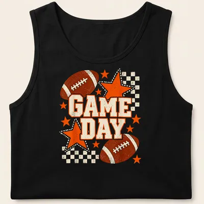 Retro distressed Game Day t-shirt featuring a football and stars in black and orange — printed on a tank top