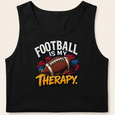 Vintage distressed t-shirt proclaiming football as therapy with colorful graphics — printed on a tank top