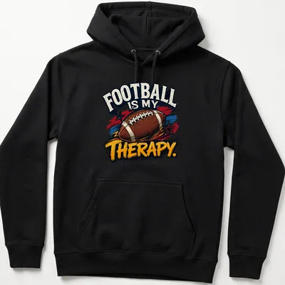 Vintage distressed t-shirt proclaiming football as therapy with colorful graphics — printed on a unisex hoodie