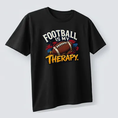 Vintage distressed t-shirt proclaiming football as therapy with colorful graphics — printed on a unisex t-shirt (angled view)