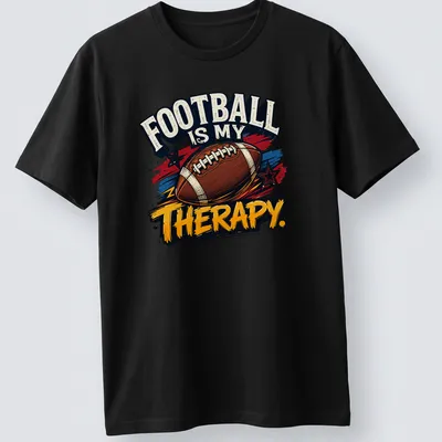 Vintage distressed t-shirt proclaiming football as therapy with colorful graphics