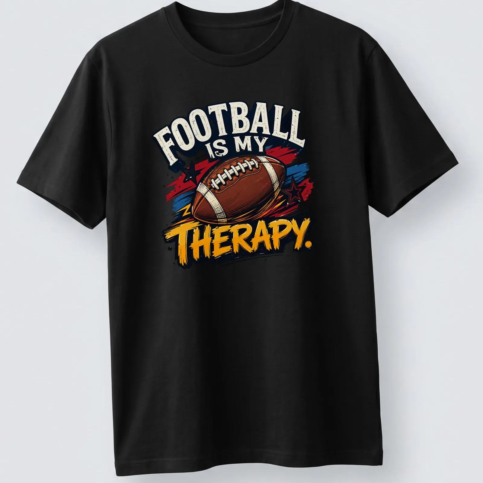 Vintage distressed t-shirt proclaiming football as therapy with colorful graphics — printed on a unisex t-shirt