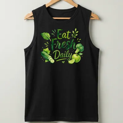 Watercolor art of fresh vegetables and fruits with 'Eat Fresh Daily' text — printed on a tank top