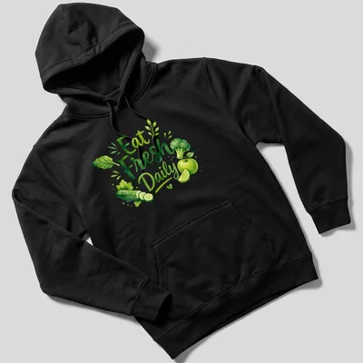 Watercolor art of fresh vegetables and fruits with 'Eat Fresh Daily' text — printed on a unisex hoodie