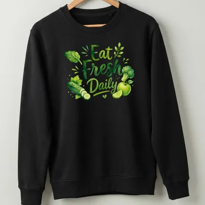 Watercolor art of fresh vegetables and fruits with 'Eat Fresh Daily' text — printed on a unisex sweatshirt