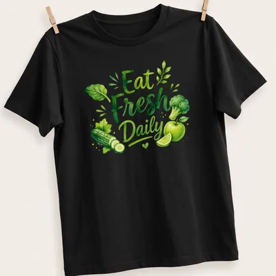 Watercolor art of fresh vegetables and fruits with 'Eat Fresh Daily' text