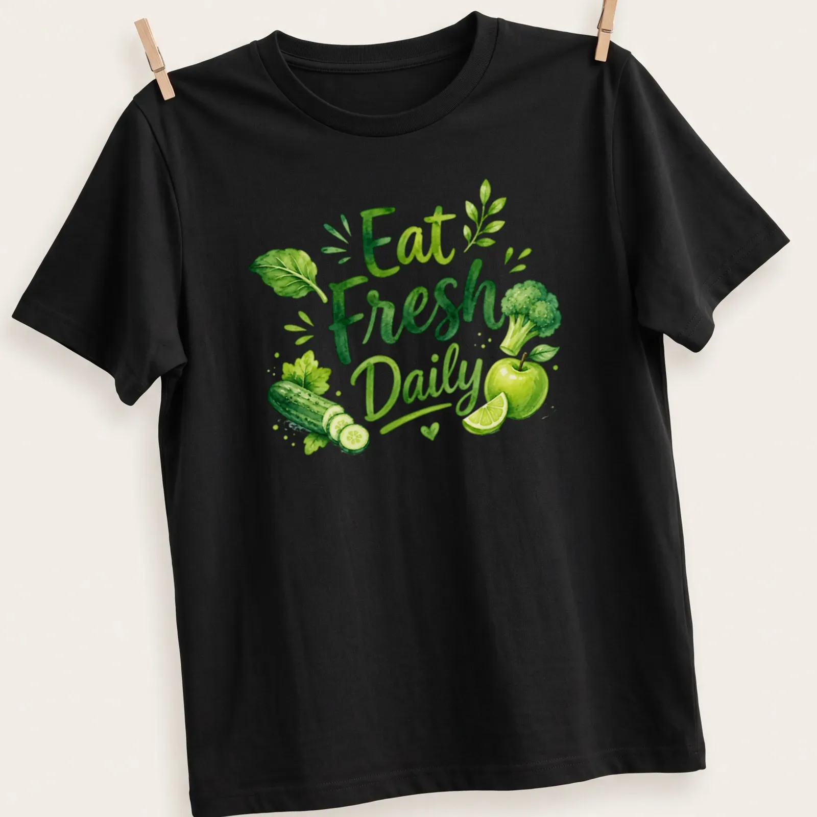 Watercolor art of fresh vegetables and fruits with 'Eat Fresh Daily' text — printed on a unisex t-shirt