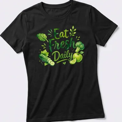 Watercolor art of fresh vegetables and fruits with 'Eat Fresh Daily' text — printed on a women's shirt