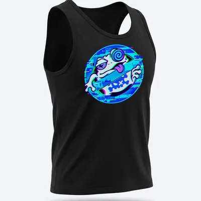 Vibrant digital art t-shirt featuring a frog and the text UNCHILD TiNG TiNG. — printed on a tank top