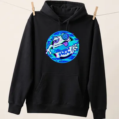 Vibrant digital art t-shirt featuring a frog and the text UNCHILD TiNG TiNG. — printed on a unisex hoodie