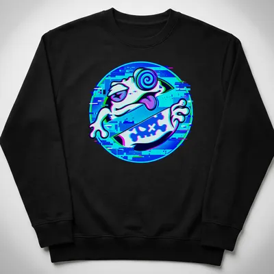 Vibrant digital art t-shirt featuring a frog and the text UNCHILD TiNG TiNG. — printed on a unisex sweatshirt