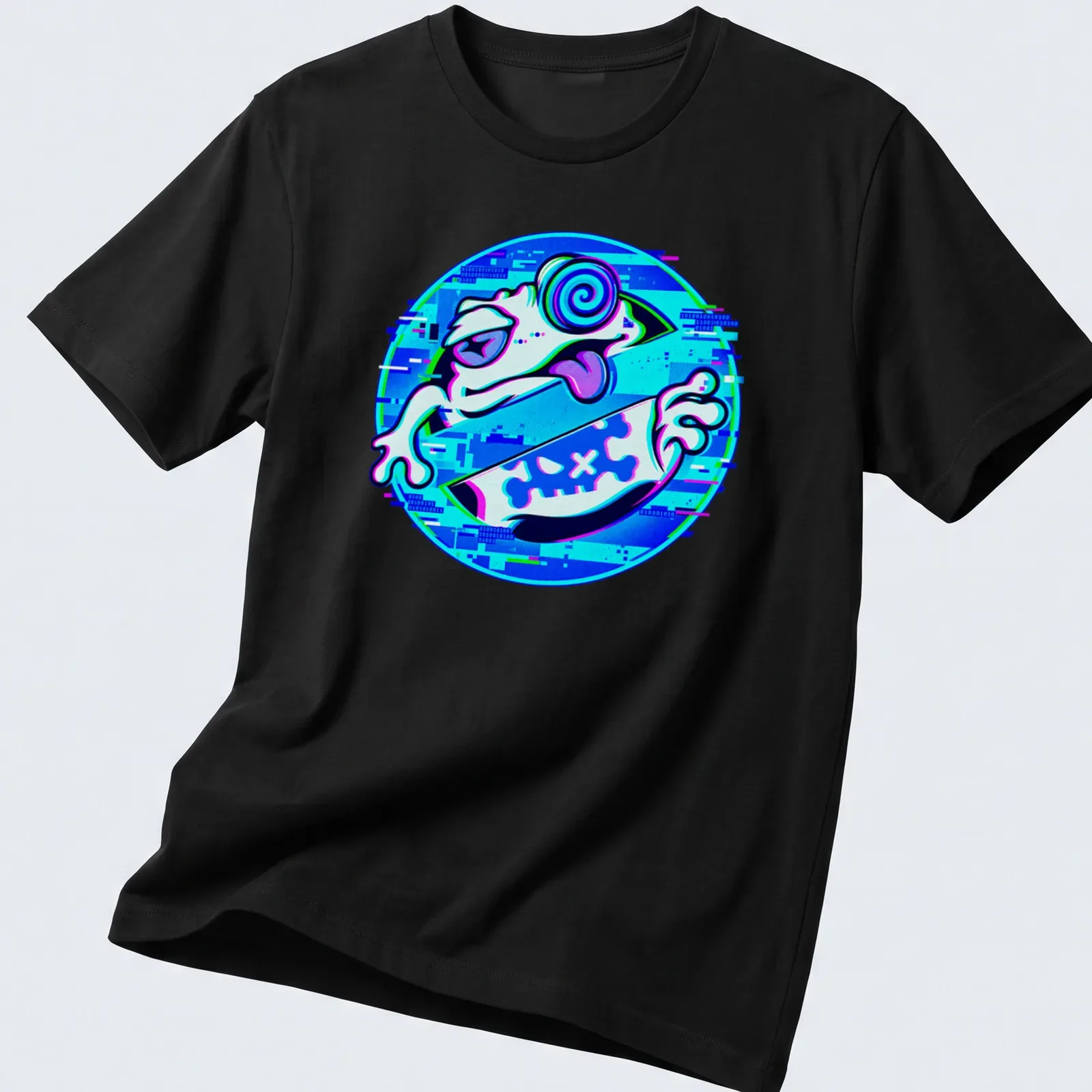 Vibrant digital art t-shirt featuring a frog and the text UNCHILD TiNG TiNG. — printed on a unisex t-shirt