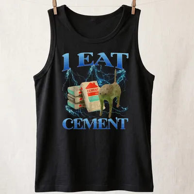 Funny cat graphic with text 'I EAT CEMENT' in blue and gray — printed on a tank top