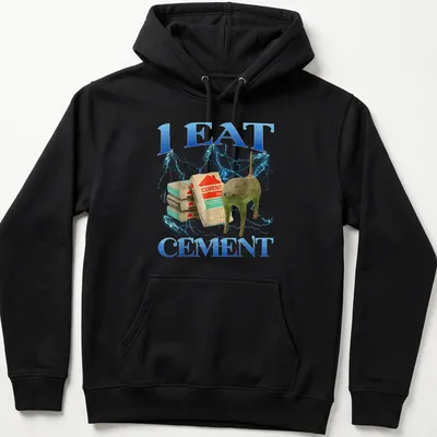 Funny cat graphic with text 'I EAT CEMENT' in blue and gray — printed on a unisex hoodie
