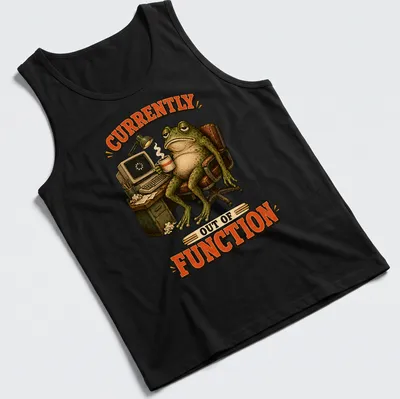 Cartoon vintage print of an exhausted frog with the text 'CURRENTLY OUT OF FUNCTION' — printed on a tank top