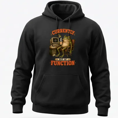 Cartoon vintage print of an exhausted frog with the text 'CURRENTLY OUT OF FUNCTION' — printed on a unisex hoodie