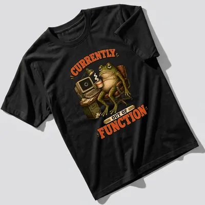 Cartoon vintage print of an exhausted frog with the text 'CURRENTLY OUT OF FUNCTION'