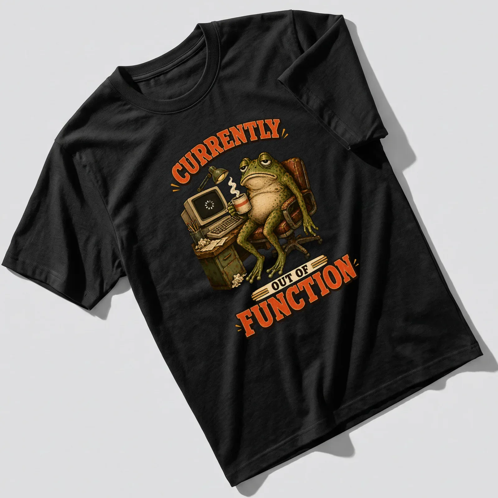 Cartoon vintage print of an exhausted frog with the text 'CURRENTLY OUT OF FUNCTION' — printed on a unisex t-shirt