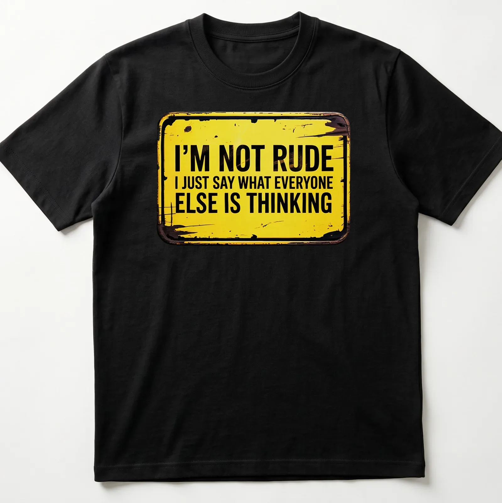 Vintage distressed tee featuring humorous quote in yellow and brown — printed on a unisex t-shirt