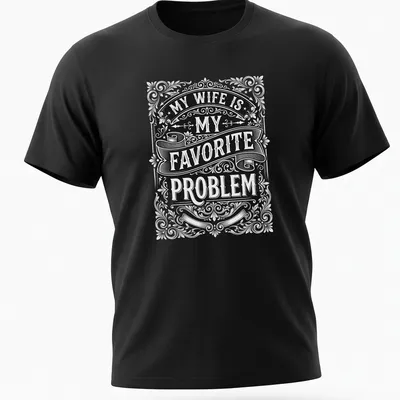 Vintage ornate typography saying 'My Wife Is My Favorite Problem' in black and white