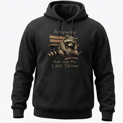 Illustrative t-shirt featuring a raccoon and humorous text about frustration. — printed on a unisex hoodie