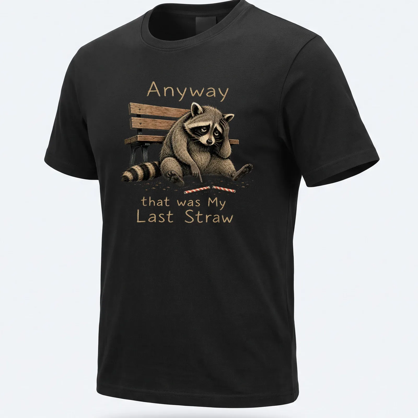 Illustrative t-shirt featuring a raccoon and humorous text about frustration. — printed on a unisex t-shirt