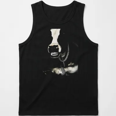 Realistic cow wearing a grillz chain in hip hop style with gold and black accents — printed on a tank top