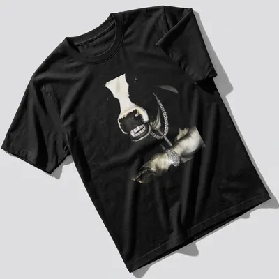 Realistic cow wearing a grillz chain in hip hop style with gold and black accents