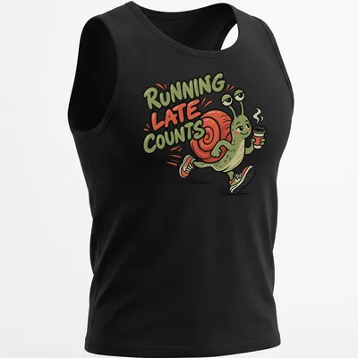 Cartoon snail jogger with the text 'Running Late Counts' in vibrant colors. — printed on a tank top