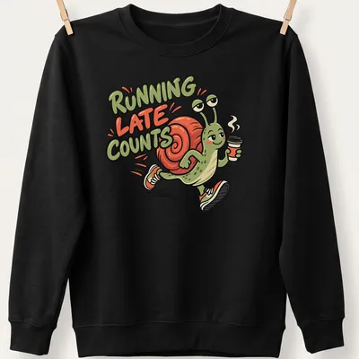 Cartoon snail jogger with the text 'Running Late Counts' in vibrant colors. — printed on a unisex sweatshirt