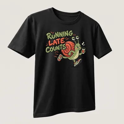 Cartoon snail jogger with the text 'Running Late Counts' in vibrant colors. — printed on a unisex t-shirt (angled view)