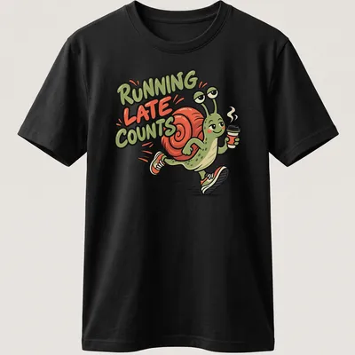 Cartoon snail jogger with the text 'Running Late Counts' in vibrant colors.